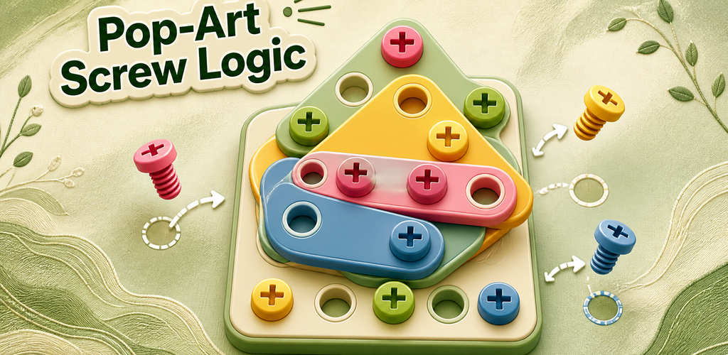 RubberPop Screw Puzzle board with soft-rubber parts, pop-art bolts and sage green color blocks